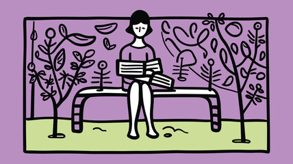 Woman Reading Book Alone in Garden Illustration