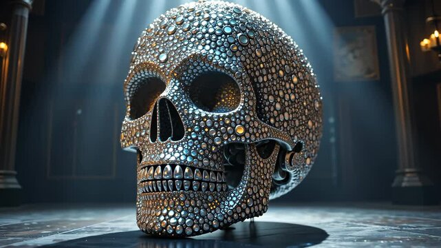 Crystal-studded skull on display under dramatic light with dark blurred background. Concept of luxury meets mortality
