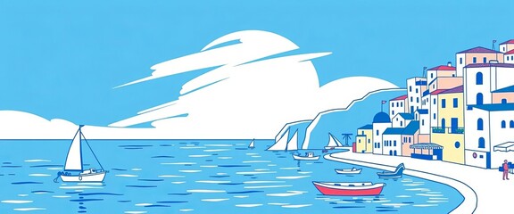 Minimalist blue line art illustrations of Italian seaside, perfect for vacation posters and invitations,  travel,  Italy