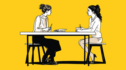 Two Women Having a Deep Conversation at Table in Yellow Background