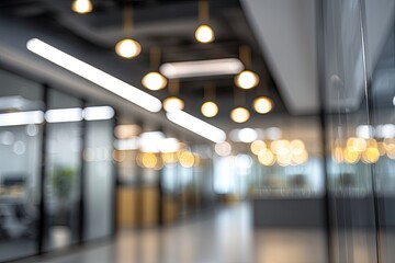 Blurry interior view of a modern office hallway.  Soft lighting and glass partitions are visible