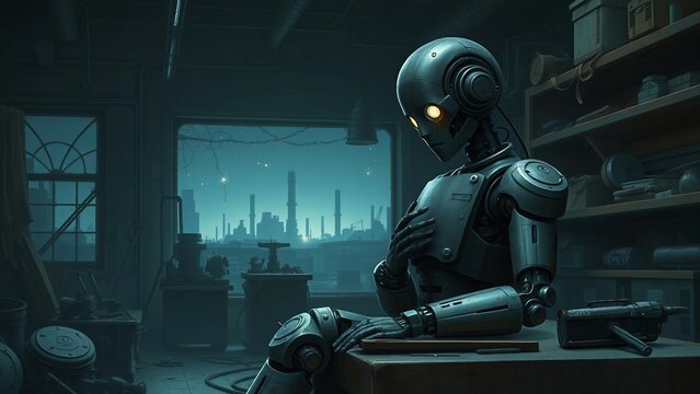 Ein einsamer humanoider Roboter sitzt gedankenversunken auf einer Bank in einem dunklen, atmosph&auml;rischen Raum. Das Licht f&auml;llt nur sp&auml;rlich und erzeugt eine melancholische Stimmung.