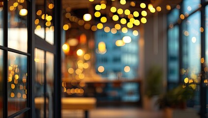 Fototapeta premium Blurry interior view of a cafe, illuminated by warm lights