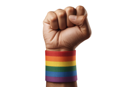 A powerful clenched fist raised high, adorned with a vibrant rainbow wristband, symbolizing strength, solidarity, and the fight for LGBTQ+ rights and equality