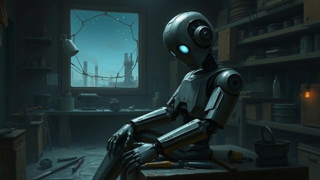 Ein einsamer humanoider Roboter sitzt gedankenversunken auf einer Bank in einem dunklen, atmosph&auml;rischen Raum. Das Licht f&auml;llt nur sp&auml;rlich und erzeugt eine melancholische Stimmung.