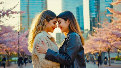 Hispanic women share tender moment amongst blooming cherry blossom