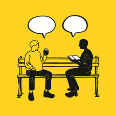 Cartoon People Talking on Bench with Coffee – Hand-drawn Conversation Illustration
