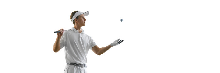 Banner. Stylish golfer tossing golf ball in air while holding club behind neck, wearing white polo and glove against white background. Concept of retro sport, elegance, playful golf moment
