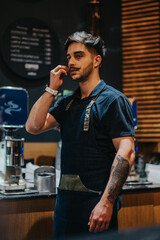 Young barista in apron standing in a coffee shop, ready to prepare specialty drinks. He shows passion for coffee crafting, with a stylish personal look complemented by tattoos and a mustache.
