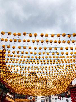 Yellow lantern rows fill courtyard, Thean Hou Temple, Malaysia