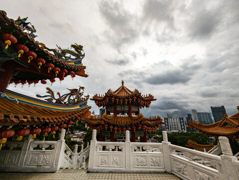 Twin pagodas rise above terrace, Thean Hou Temple, Malaysia