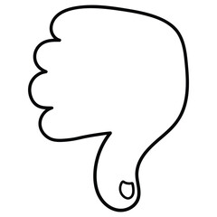 Hand drawn doodle thumb down gesture on white background.