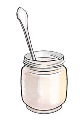 yogurt jar with spoon watercolor illustration png isolated