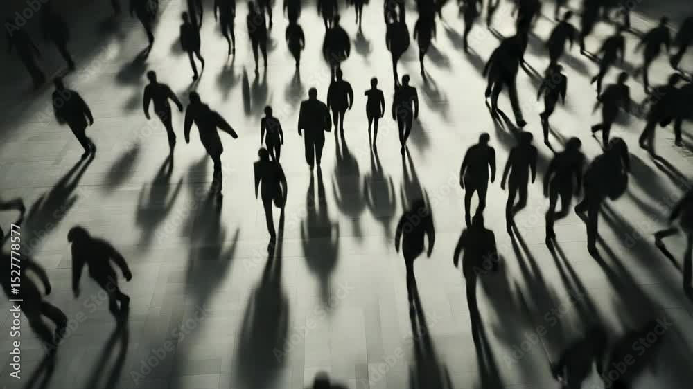 Poster many people are walking on a white floor, casting long shadows, creating a visual metaphor for choic