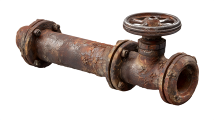 Rusty industrial pipe with valve isolated on a white background close-up image of aging metal texture isolated on white transparent background