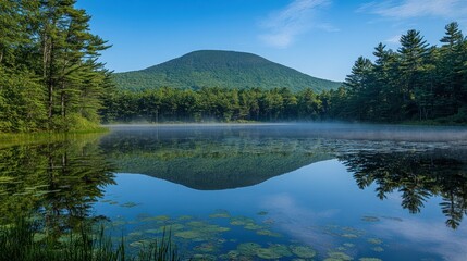 Fototapeta premium A Calm Lake Reflecting a Forested Mountain Under a Blue Sky
