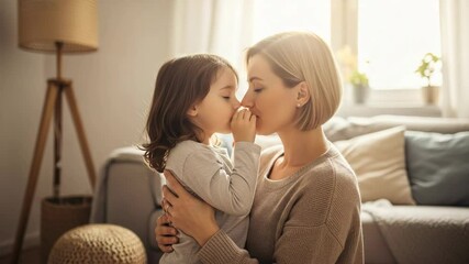 Mother and little girl practicing breathing exercises together in cozy living room bonding during relaxing afternoon - Powered by Adobe