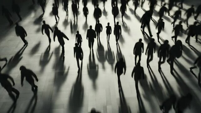 Many people are walking on a white floor, casting long shadows, creating a visual metaphor for choice, direction, and the fear of missing out - fobo -
