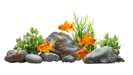 Vibrant goldfish swimming around rocks and greenery in an aquarium setting with a dynamic isolated on white transparent background