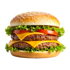 A double cheeseburger featuring two beef patties, melted cheddar cheese, fresh lettuce, tomato slices, and a sesame seed bun.