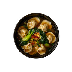 Delicious Wonton Soup with Bok Choy in Black Bowl