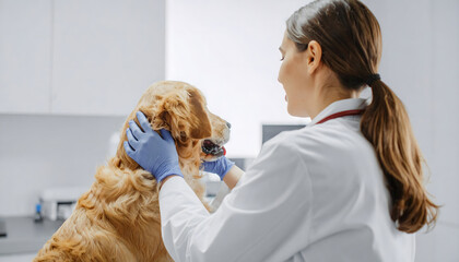 A veterinarian gently examines a golden retriever dog during a checkup at an animal clinic providing compassionate pet care and veterinary services for canine health