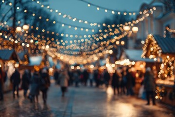 Blurred view of a bustling Christmas market at twilight.  Soft focus on twinkling lights, festive booths, and people