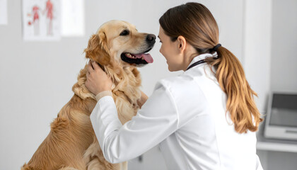 A compassionate female veterinarian gently examines a golden retriever dog during a checkup providing loving pet care and veterinary medicine services ensuring animal health and wellness
