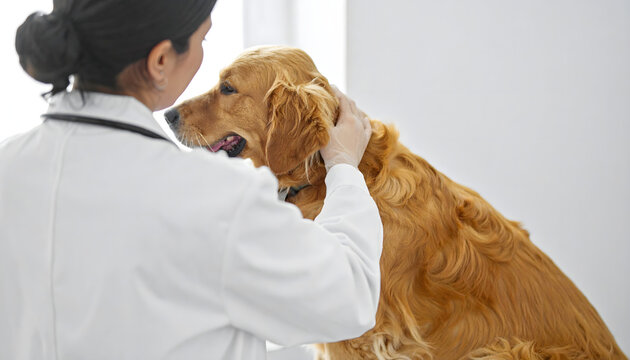 Veterinarian gently examining a Golden Retriever dog during a checkup appointment providing compassionate pet care and animal health services for furry friends.