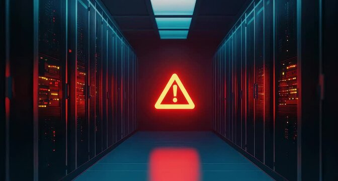 Red triangle warning in server room symbolizes disaster recovery alert	

