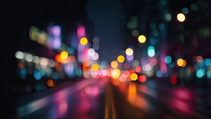 Blurry night city street scene with vibrant bokeh lights