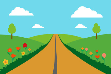 Fototapeta premium Serene Journey A Scenic Road Trip Through Rolling Hills and Blossoming Meadows