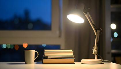 Obraz premium Cozy Evening Study Setup featuring a Desk Lamp illuminating Stacked Books and a Mug beside a Window with a City Night View