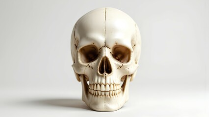 A highly detailed, realistic anatomical model of a human skull presented in a direct frontal view, isolated on a clean white background for medical, scientific, or educa