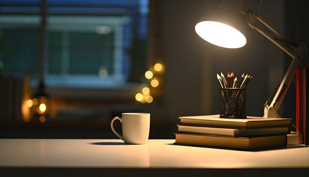 Serene Nighttime Study Setup featuring a warm desk lamp illuminating books pencils and a coffee mug creating a cozy atmosphere perfect for late night work or study sessions