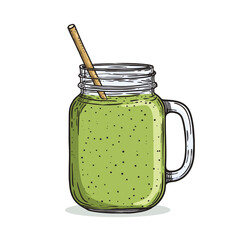  Refreshing and healthy green smoothie in  mason jar with straw  isolated on white background