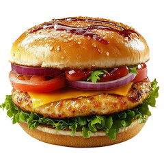 A delicious burger with chicken patty and fresh vegetables layers on transparent background