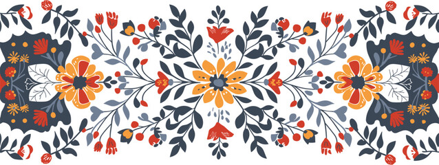 Folk Floral Seamless Border Pattern – Decorative Vintage Flower Vector Design
