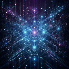 Fototapeta premium Abstract technology background with floating neon circuits in deep black space. Geometric lines and nodes form a digital neural web. Cool tones of electric blue and violet pulse with soft glow.
