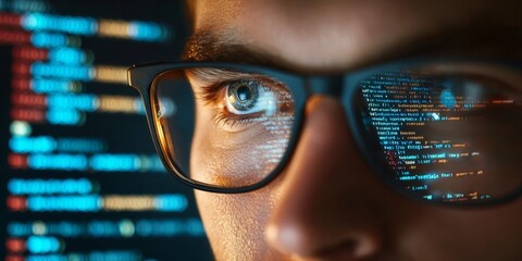 Cyber Security Professional Analyzing Code Reflected in Glasses for Vulnerabilities and Risks