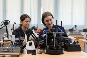 Assembling Robotics Arm. Robotics training, setup, installation AI robot and learning. Engineer test programmable logic controller with AI robot training kit and mechatronics engineering in workshop