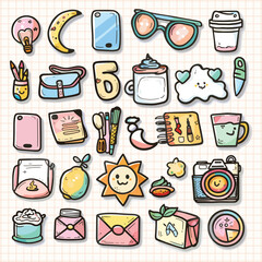 Cute Kawaii Stationery and Daily Objects Icons – Hand-Drawn Pastel Doodle Vector