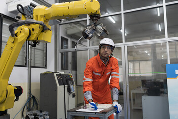 Assembling robotic arm. Installation robot arm. Setting and operating autonomous robotics arm for manufacturing. Engineer maintenance, repairing automatic robotic arm