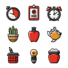 Red and Orange Icon Set – Stopwatch, Alarm Clock, Apple, Bulb, and UI Elements Vector