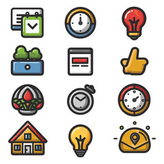 Colorful Business and Productivity Icons Set – Flat Vector Design with Home, Timer, Light Bulb, and UI Elements