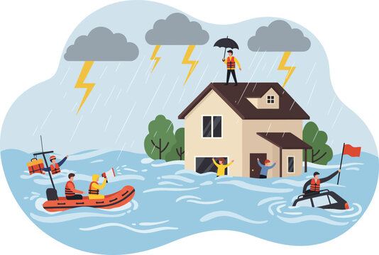 Illustration natural disaster floods and rescuers are evacuating those trapped in the floods.