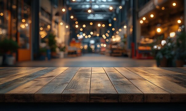 Wooden table top in front of a blurred market interior