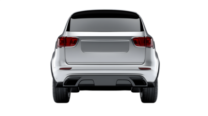 Rear view of a modern silver suv with stylish tail lights and black accents isolated on white transparent background