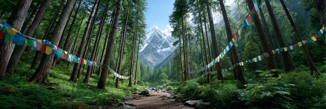 Strings of Tibetan flags stretch between bamboo trees, with mountains far beyond.  