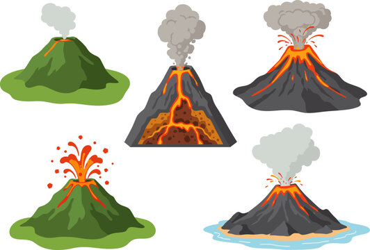 Flat vector set of mountain volcano illustrations landscapes
